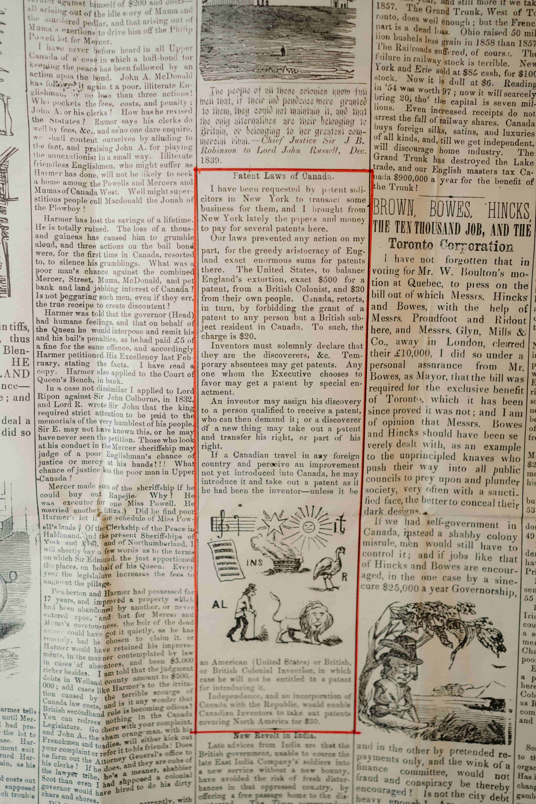 Un vieux journal, avec un article intitulé « Lois sur les brevets au Canada » mis en évidence.